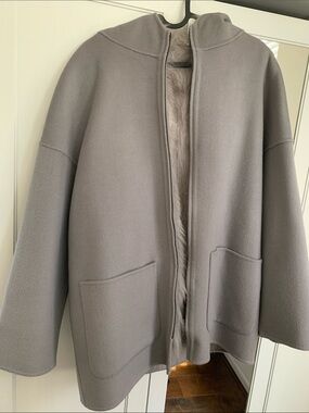 Light Gray Hooded Wool Coat with Faux Fur Trim